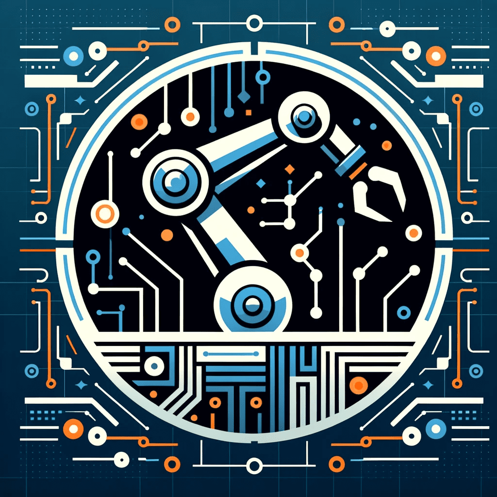 A flat icon featuring stylized robotic arms and circuit patterns, symbolizing futuristic automation technology, in #EBB61A and #222222.