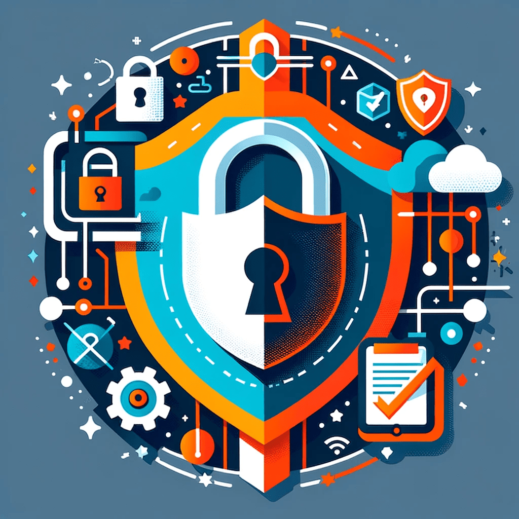 Alt Text: A flat icon representing data security in businesses, featuring a stylized padlock, digital shield, and abstract network lines, in #EBB61A and #222222.