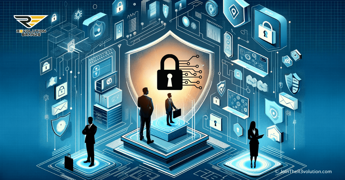 An abstract business-themed image depicting digital security elements like shields, lock symbols, and data streams, with silhouettes of professionals interacting with secure interfaces, in #EBB61A and #222222.