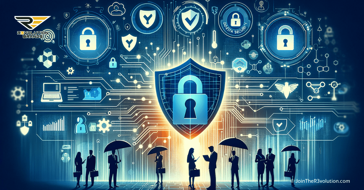 An abstract business-themed image depicting digital locks, shield symbols, and silhouetted business professionals interacting with secure networks, in #EBB61A and #222222.