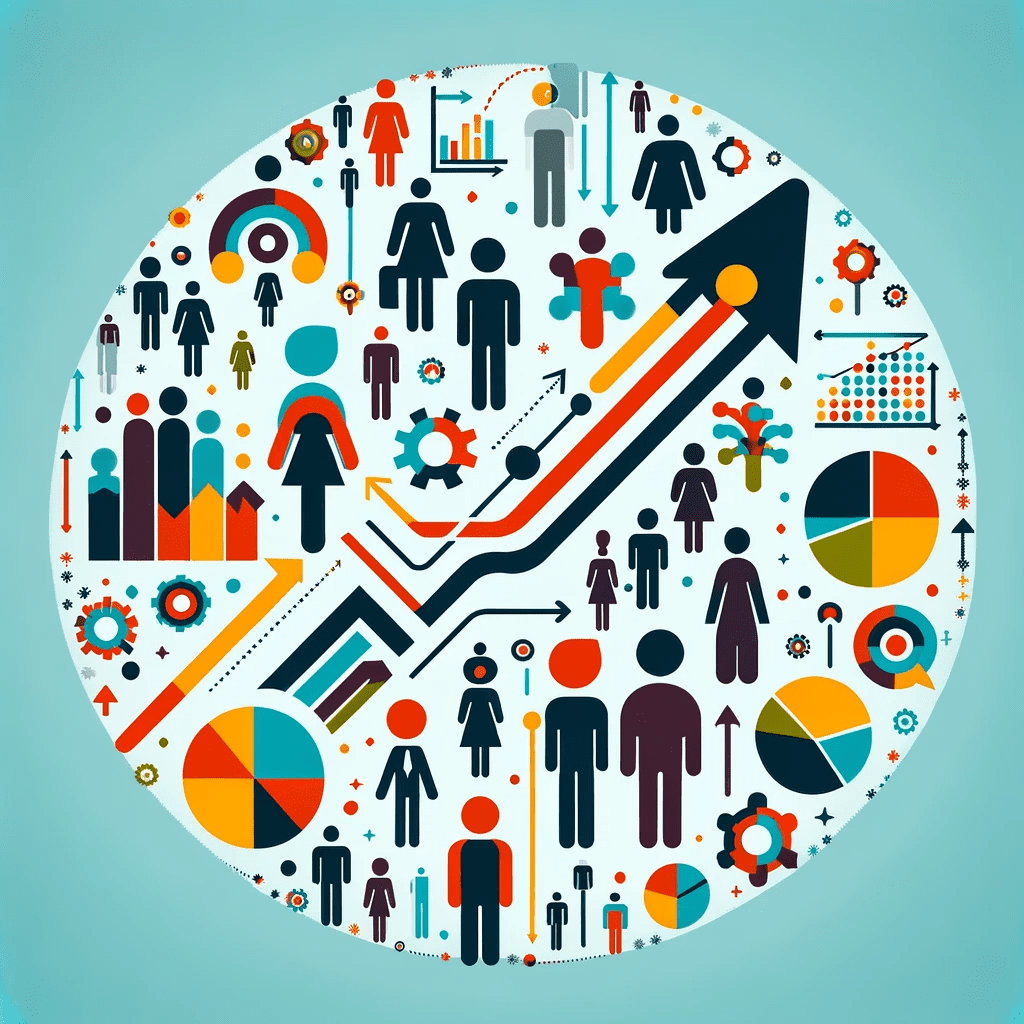 A flat icon illustrating diverse human silhouettes, dynamic lines, and demographic data charts, in #EBB61A and #222222, representing demographic shifts in consumers.