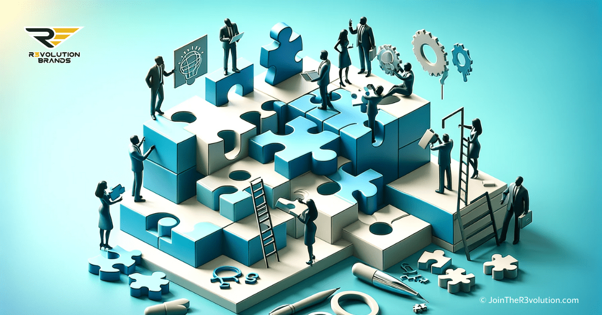 A 3D image illustrating the construction of a brand identity with abstract elements like a puzzle and building blocks, and silhouettes brainstorming, in #EBB61A and #222222.