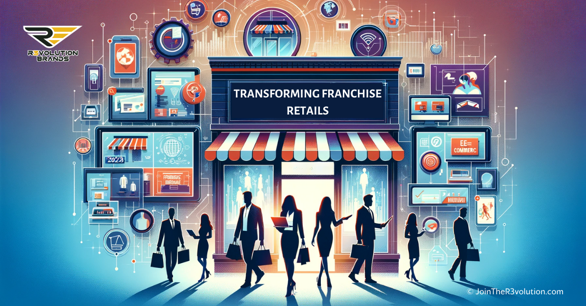 An abstract business-themed image showing digital storefronts and online shopping representations with silhouetted consumers engaging digitally