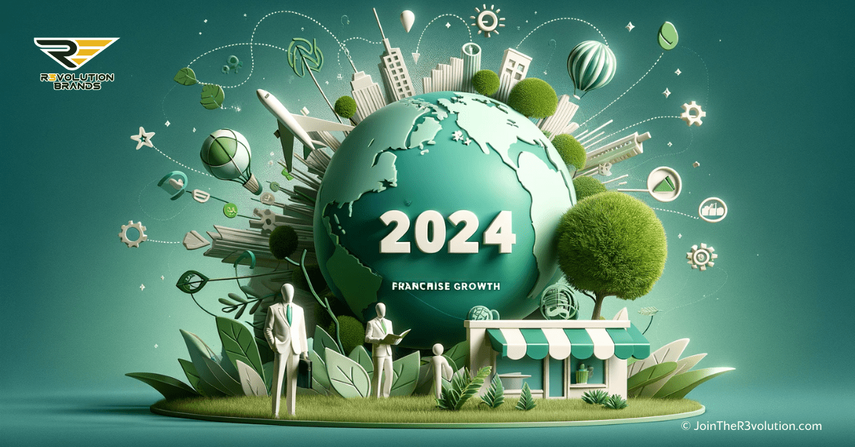 A 3D image depicting a globe with greenery and abstract symbols of sustainable business practices, with silhouettes of business figures engaging in eco-friendly initiatives, in colors #EBB61A and #222222