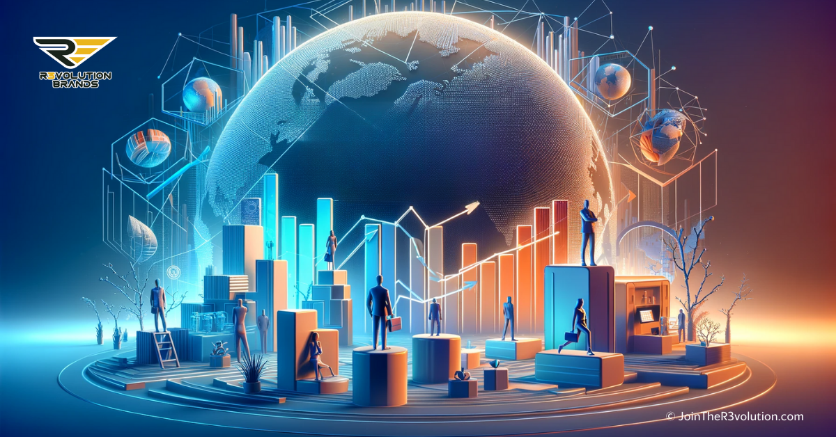 A 3D business-themed image showing abstract growth graphs, futuristic business landscapes, and silhouettes of entrepreneurs exploring new opportunities, in colors #EBB61A and #222222.