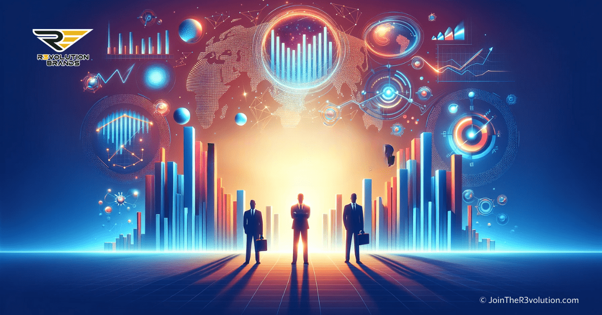 A 3D image highlighting dynamic growth graphs and abstract innovation symbols, with business figures gazing towards a futuristic horizon, in bold colors including #EBB61A and #222222.