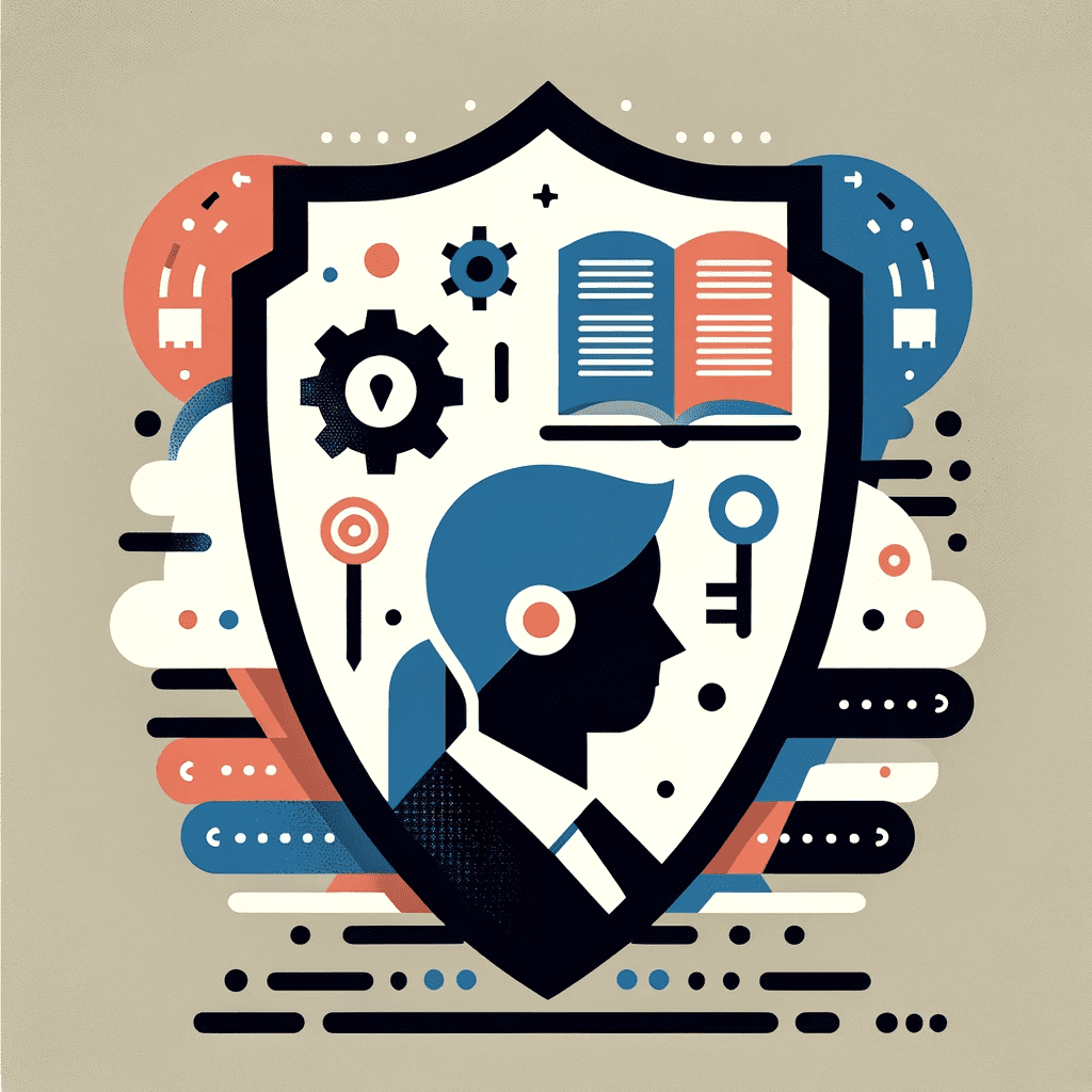 A flat icon symbolizing the role of employee training in data security, featuring a shield with an abstract human figure and training tools, in #EBB61A and #222222.