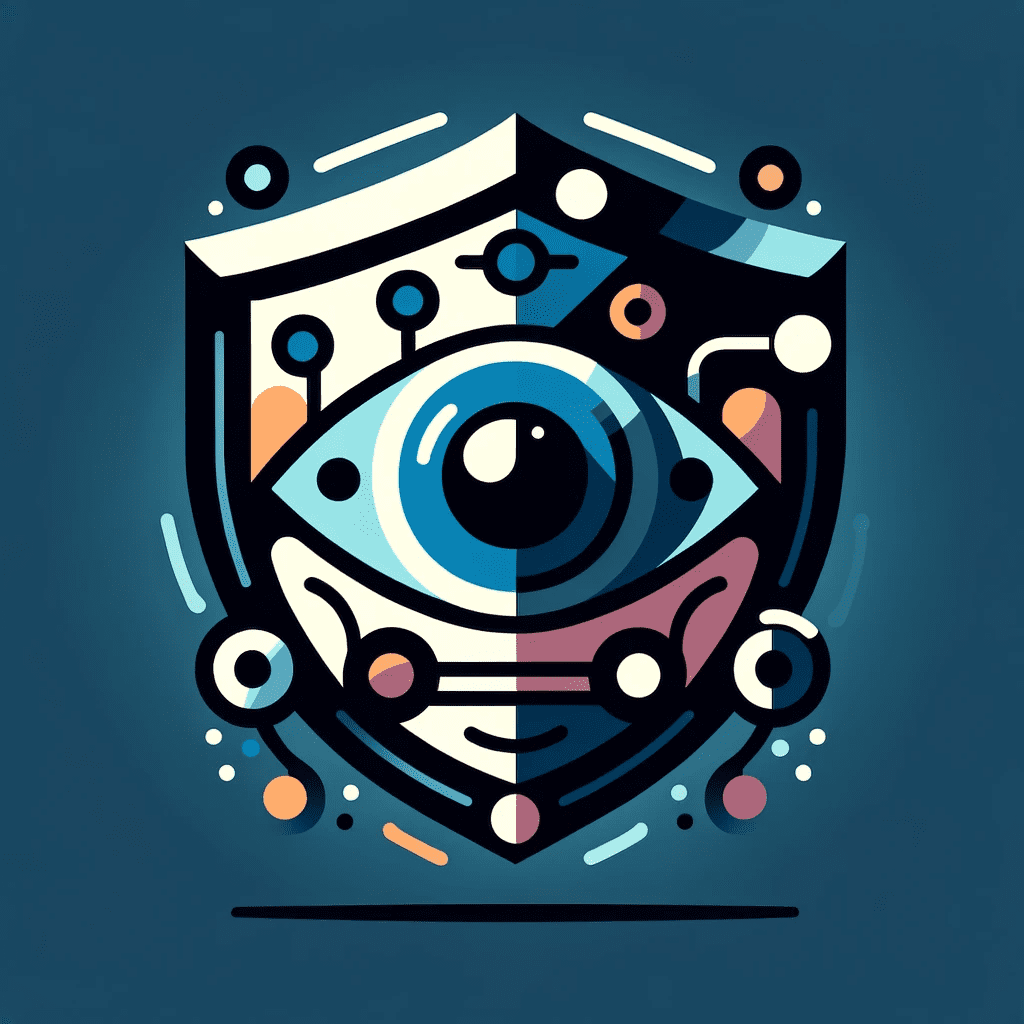 A flat icon depicting essential elements of brand identity, featuring a shield, a stylized eye, interconnected circles, and an abstract logo, in #EBB61A and #222222.