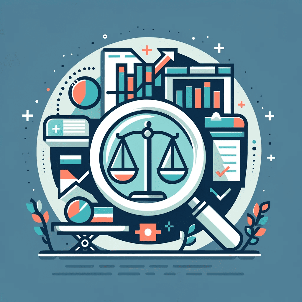 A flat icon depicting magnifying glasses over charts, checklists, and a balanced scale, symbolizing the analysis of franchising opportunities, in #EBB61A and #222222.