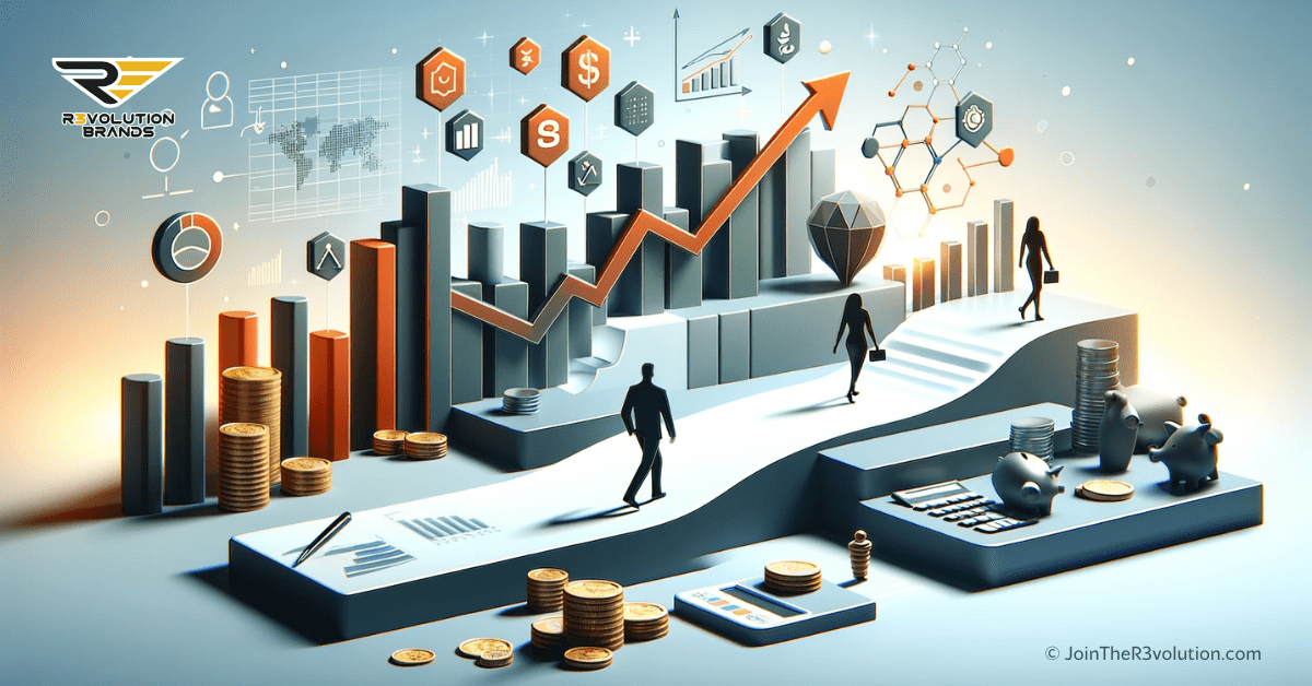 A 3D image depicting a financial pathway with abstract symbols like graphs, coins, and ledgers, and silhouettes of people progressing on a financial journey, conveying the steps towards financial understanding.