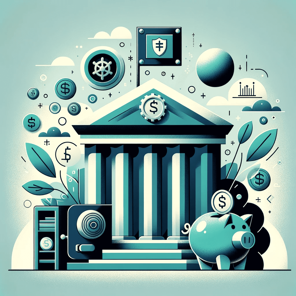 A flat icon showcasing a solid foundation structure, a safe or piggy bank, and symbols of security and savings, in shades of blue and green, representing financial stability and emergency fund importance.
