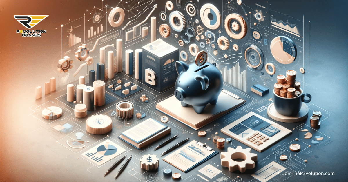 A 3D business-themed image illustrating financial management, featuring abstract financial charts, a 3D piggy bank, and interconnected gears symbolizing strategic planning.