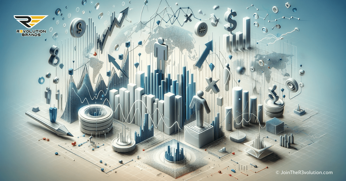 A 3D business-themed image representing financial markets with abstract elements like fluctuating graphs and symbols for stocks and shares, with gender-neutral figures analyzing the market.