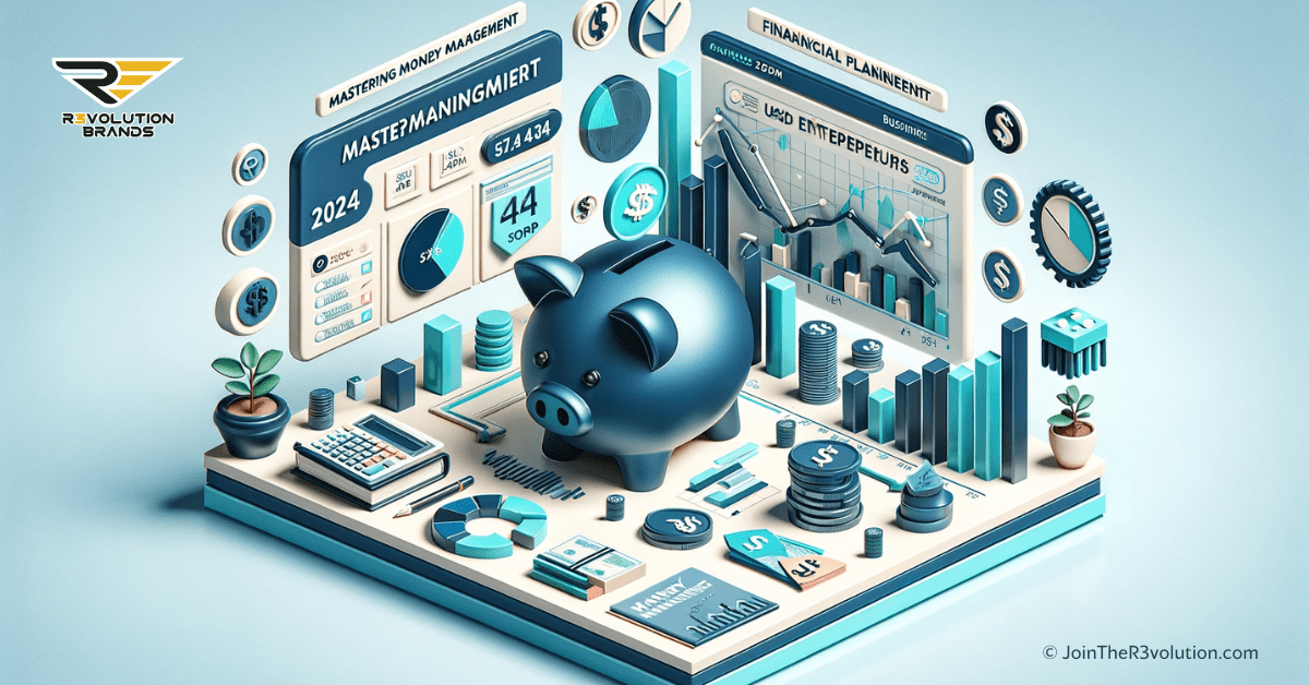 A 3D image depicting piggy banks, abstract financial graphs, and investment symbols, in shades of blue and green, symbolizing financial planning and money management for entrepreneurs.