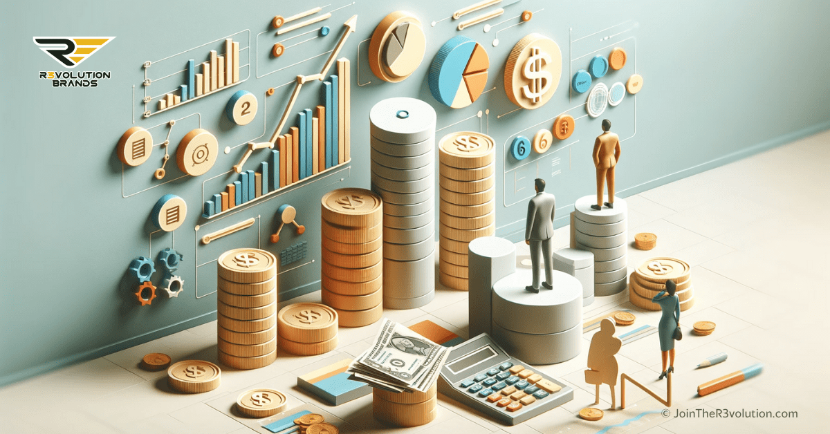 A 3D business-themed image showing financial charts and a step-like structure with abstract figures examining financial elements, in #EBB61A and #222222.