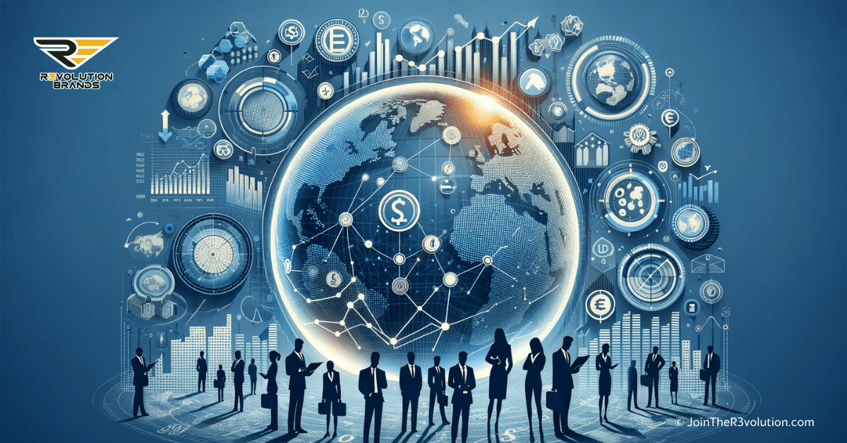 An abstract business-themed image with global economic symbols, market trend graphs, and silhouetted business figures strategizing