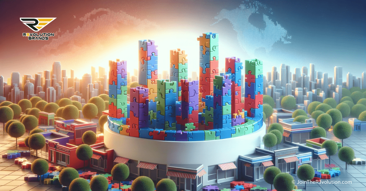 3D image illustrating franchises as pillars of local economies, with puzzle piece pillars and a vibrant urban backdrop