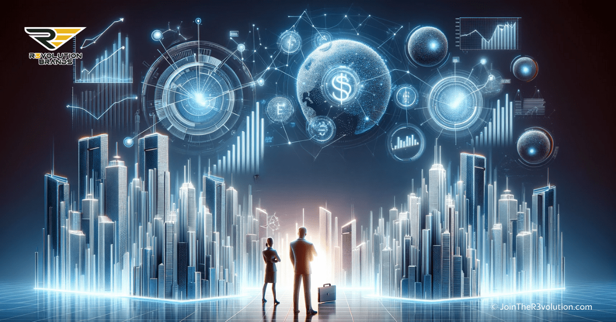 A 3D business-themed image displaying abstract financial graphs, a futuristic cityscape, and 3D silhouettes of business figures examining franchising opportunities, in #EBB61A and #222222.