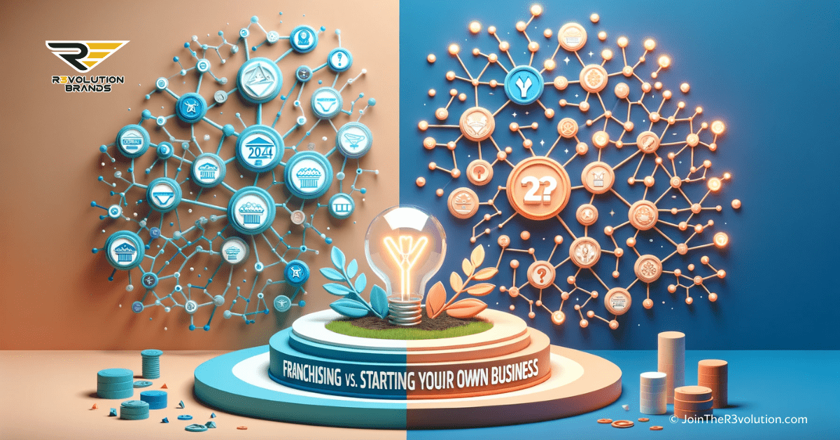3D image contrasting franchising and entrepreneurship with symbolic elements like interconnected networks and a growing seedling