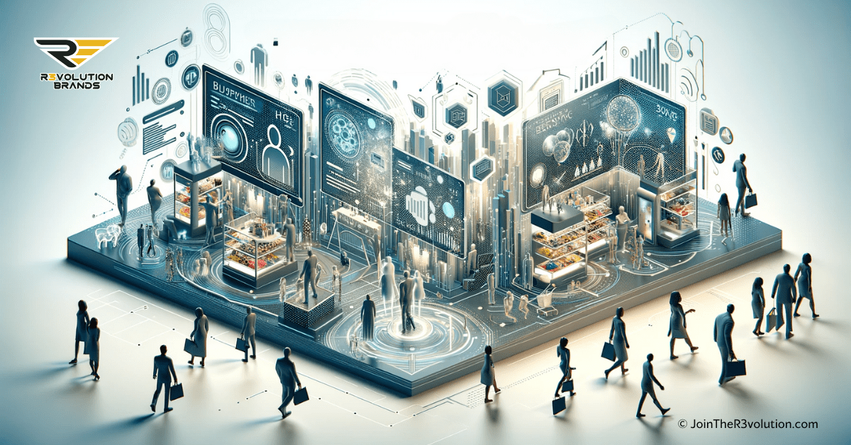 A 3D business-themed image illustrating futuristic shopping environments and digital consumer profiles, with abstract figures symbolizing modern consumers, in a color palette of #EBB61A and #222222.