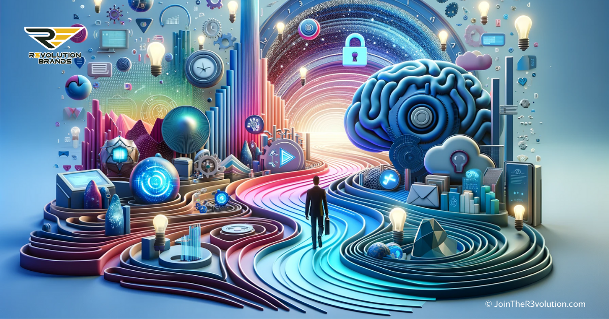 A 3D image depicting an abstract digital landscape with symbols like a digital lock, brain, and lightbulb, and silhouetted figures navigating, in #EBB61A and #222222.