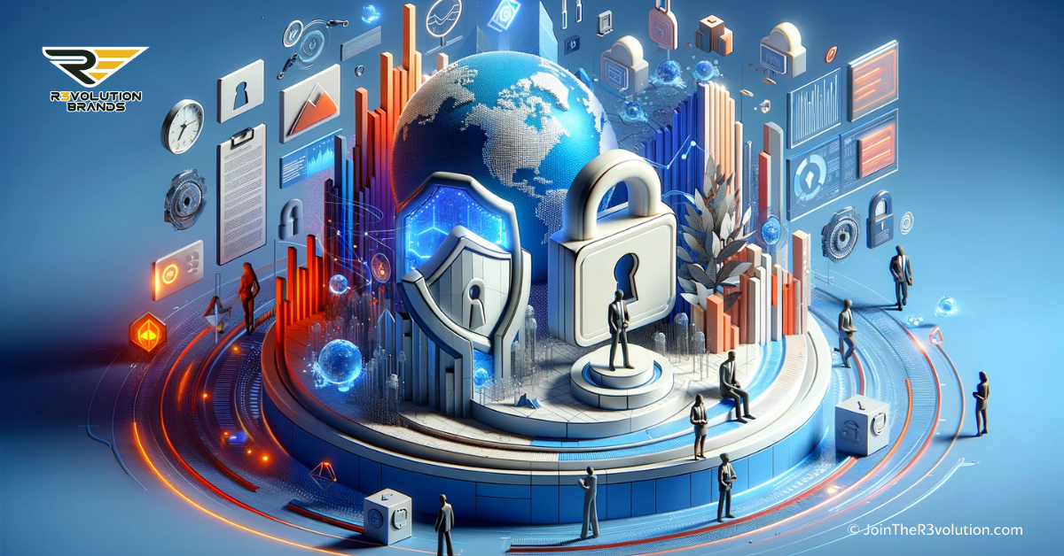 A 3D image illustrating the concept of intellectual property in the digital era, featuring abstract digital landscapes and symbolic representations like digital locks, with 3D figures interacting, in #EBB61A and #222222.