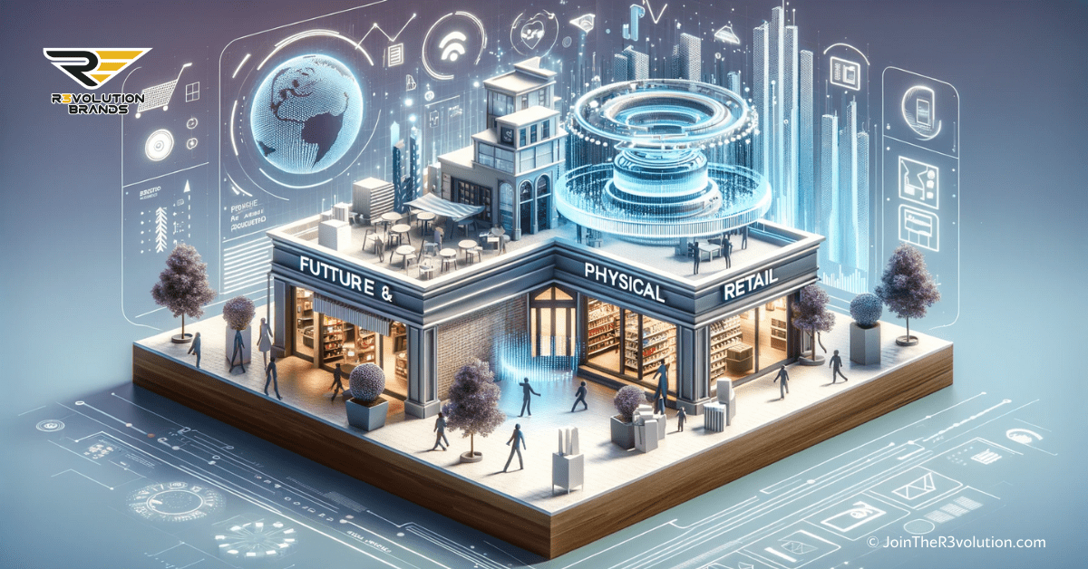A 3D image illustrating the evolution of physical retail, featuring a futuristic storefront and abstract customer interactions, blending traditional brick-and-mortar with digital integration.