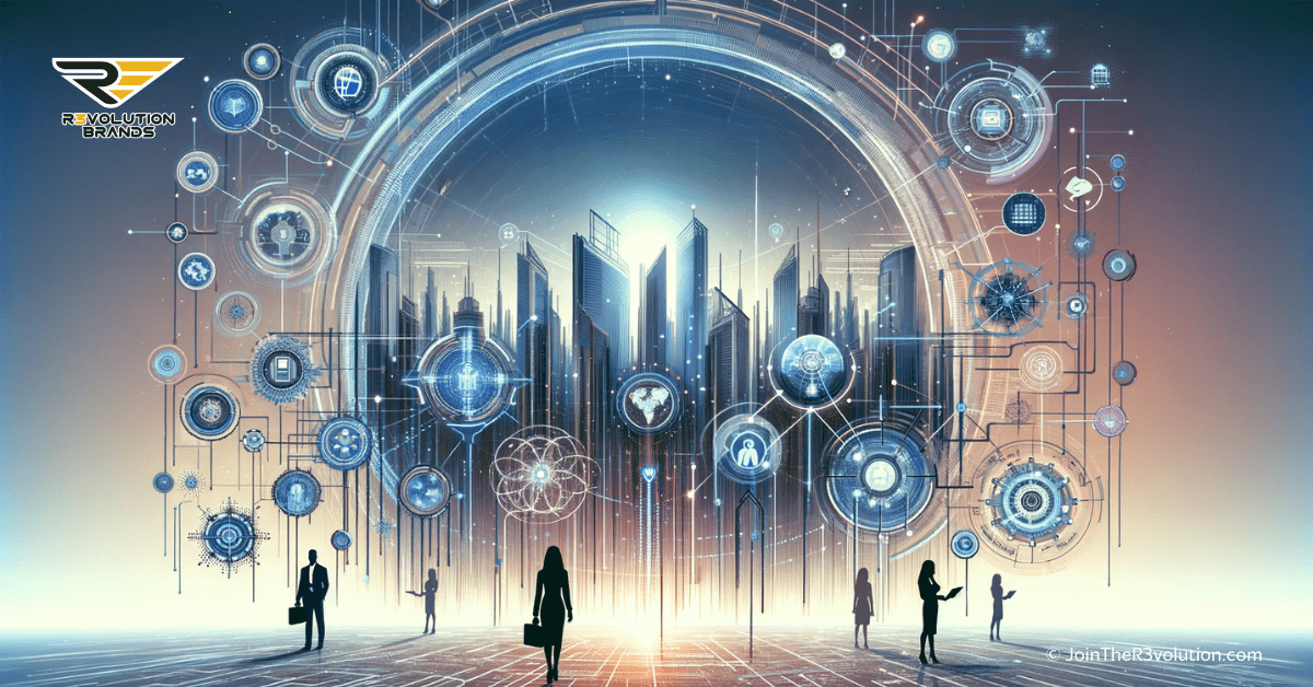 An abstract business-themed image depicting digital networks and a futuristic cityscape, with silhouetted figures engaging with advanced technology.