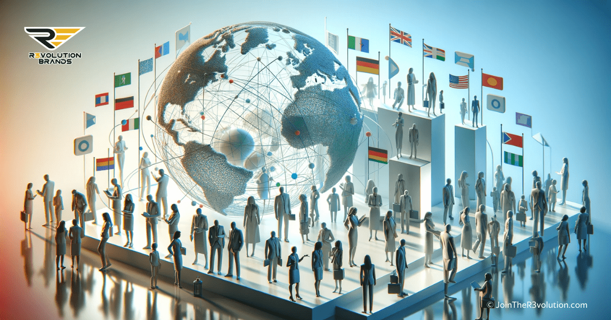 A 3D image depicting diverse, gender-neutral silhouettes in a corporate setting, interconnected networks, and global symbols, in colors #EBB61A and #222222, representing inclusivity in the future business landscape.