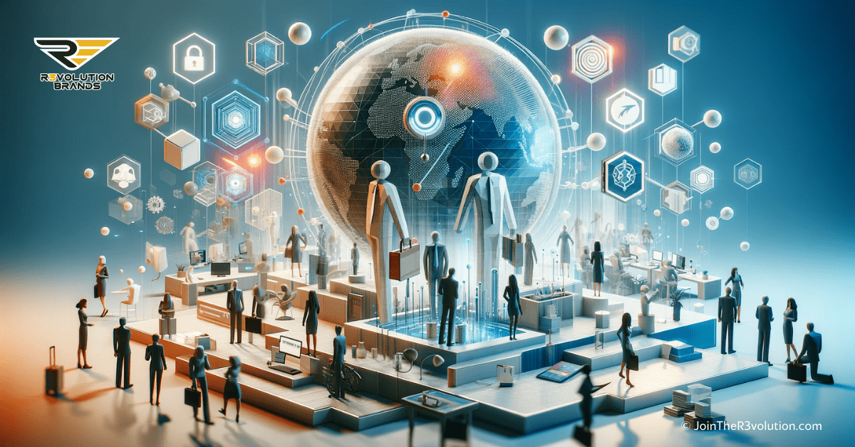 A 3D business-themed image illustrating futuristic workforce management with abstract representations of a dynamic workforce and digital connectivity in a modern workspace, using colors #EBB61A and #222222.