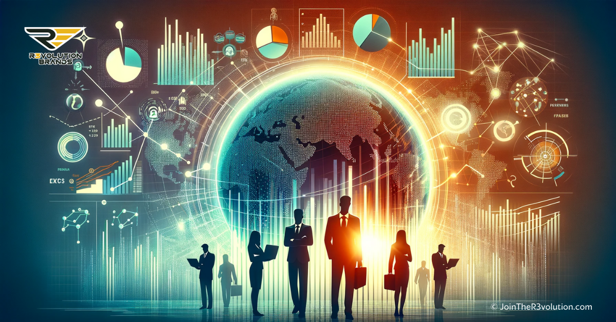 An abstract business-themed image showing a globe, financial graphs, and silhouettes of business figures analyzing data.