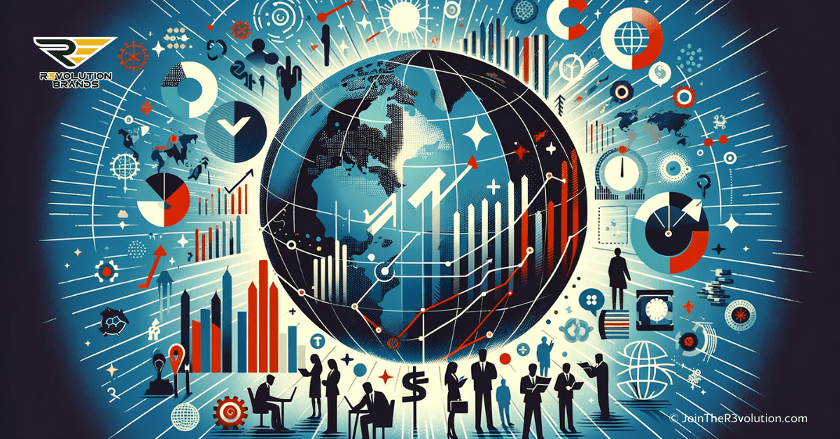An abstract business-themed image depicting a globe, market trend symbols, and silhouetted business professionals strategizing.