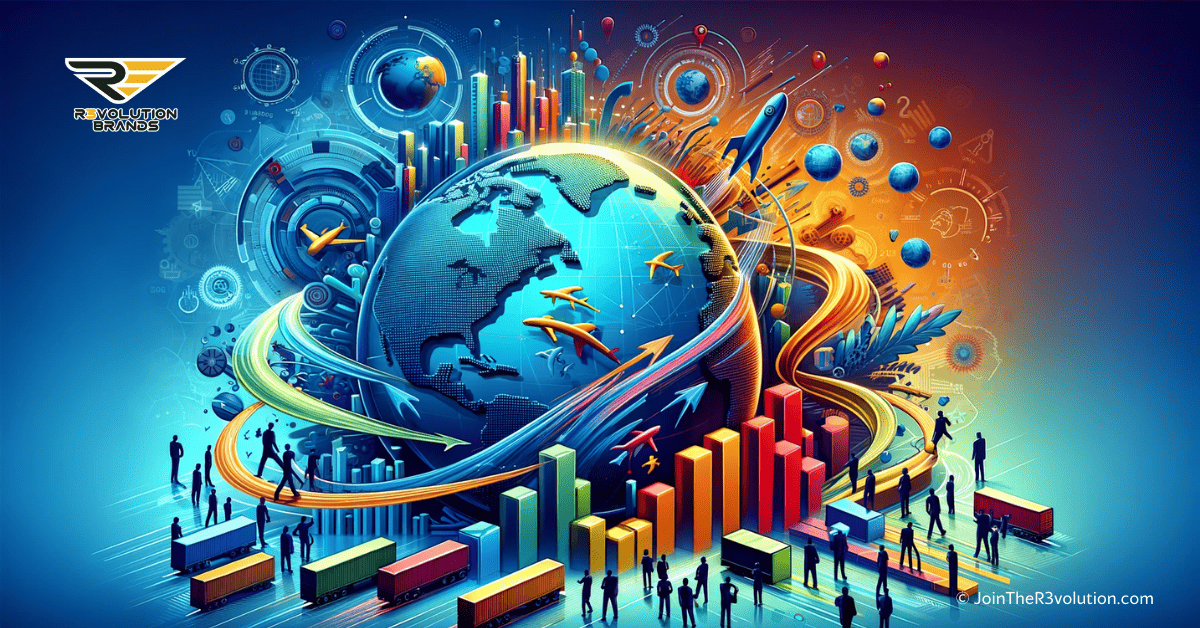 A 3D image depicting a dynamic global map with interconnected trade routes and abstract silhouettes of business figures engaged in trade, in bold colors #EBB61A and #222222.
