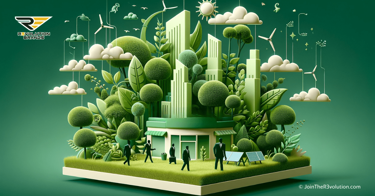 A 3D image depicting a green landscape merging into an abstract cityscape, with silhouettes of business figures engaging in eco-friendly activities like solar panels and wind turbines, in greens, earth tones, #EBB61A, and #222222.