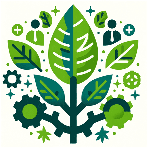 A flat icon illustrating the synergy of nature and business, with a leaf and gear symbolizing sustainable practices, and abstract figures representing franchise owners and customers, in greens, #EBB61A, and #222222.