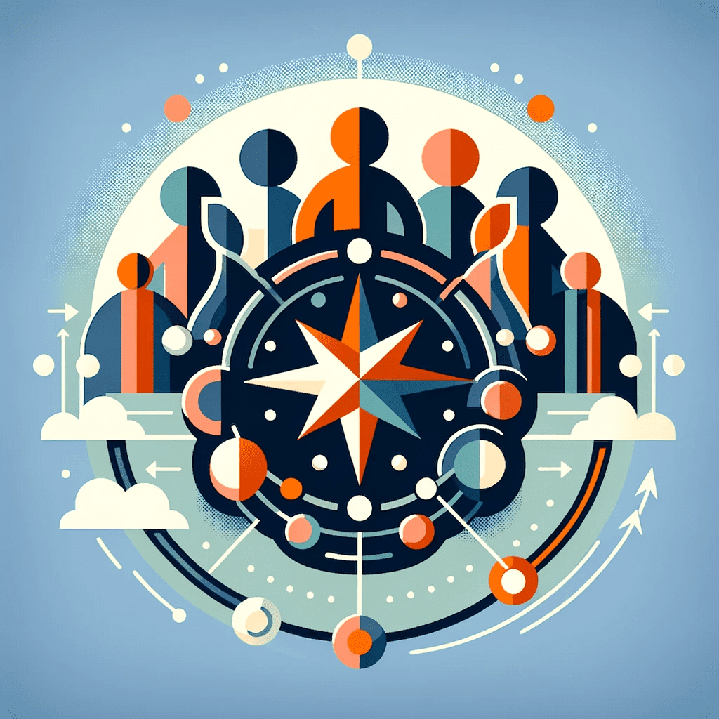 A flat icon depicting a diverse group of abstract figures representing leaders, with a guiding light and interconnected circles, in #EBB61A and #222222.