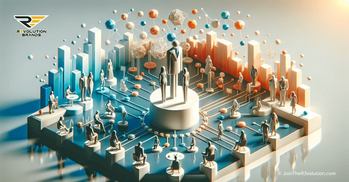A 3D image showing diverse abstract figures in a corporate setting, with symbols of collaboration and inclusive leadership, in a sophisticated color palette including #EBB61A and #222222.