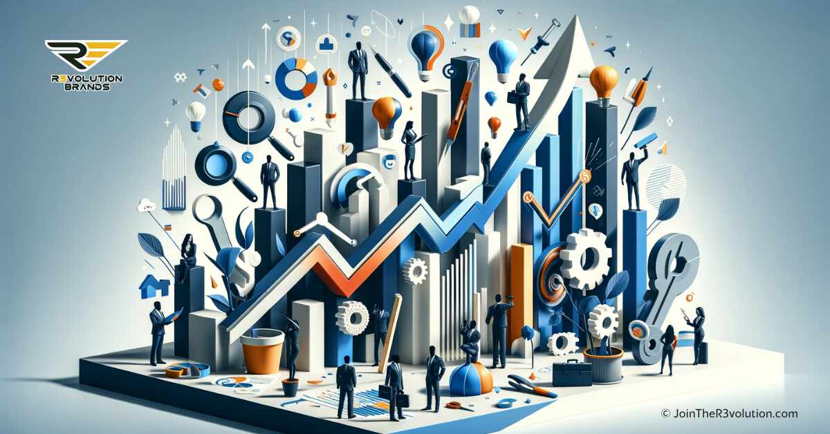 A bold and clean 3D image depicting abstract growth charts and tools, with silhouettes of business professionals in an innovative setting, using #EBB61A and #222222