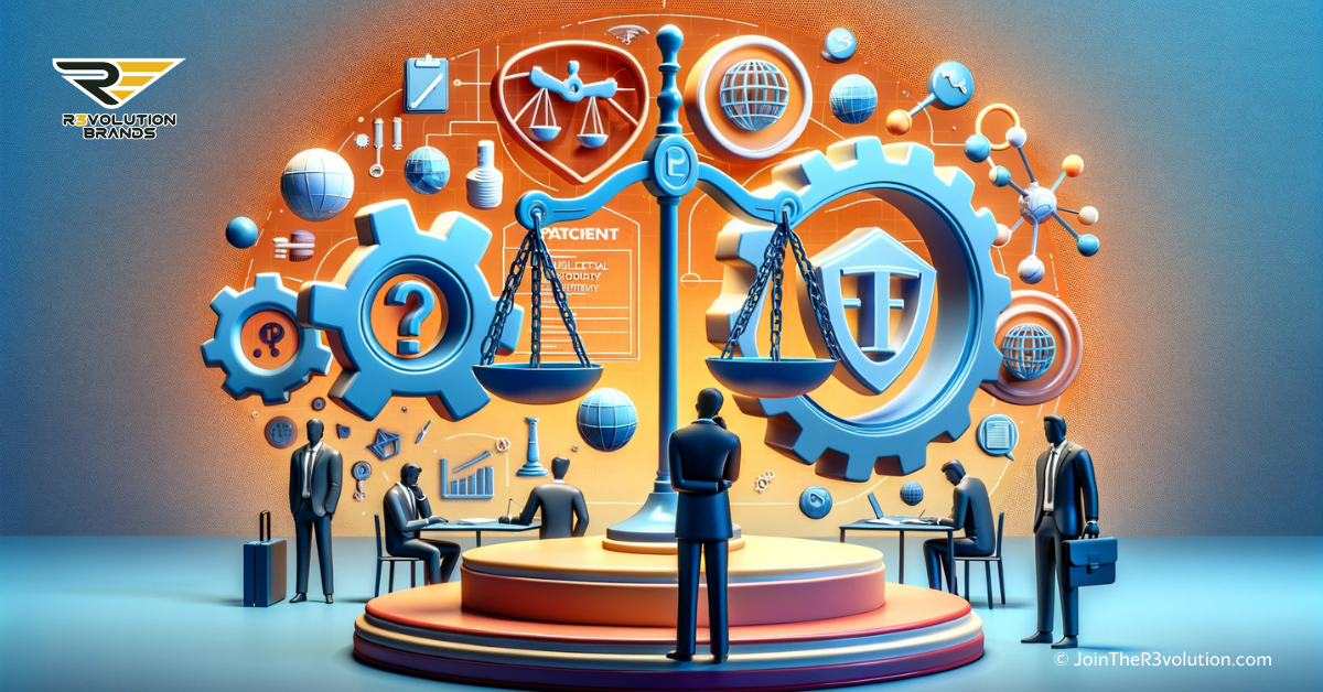 A 3D image showing abstract symbols of patents and trademarks, a balance scale, and silhouetted business figures, representing intellectual property in franchising, in #EBB61A and #222222.