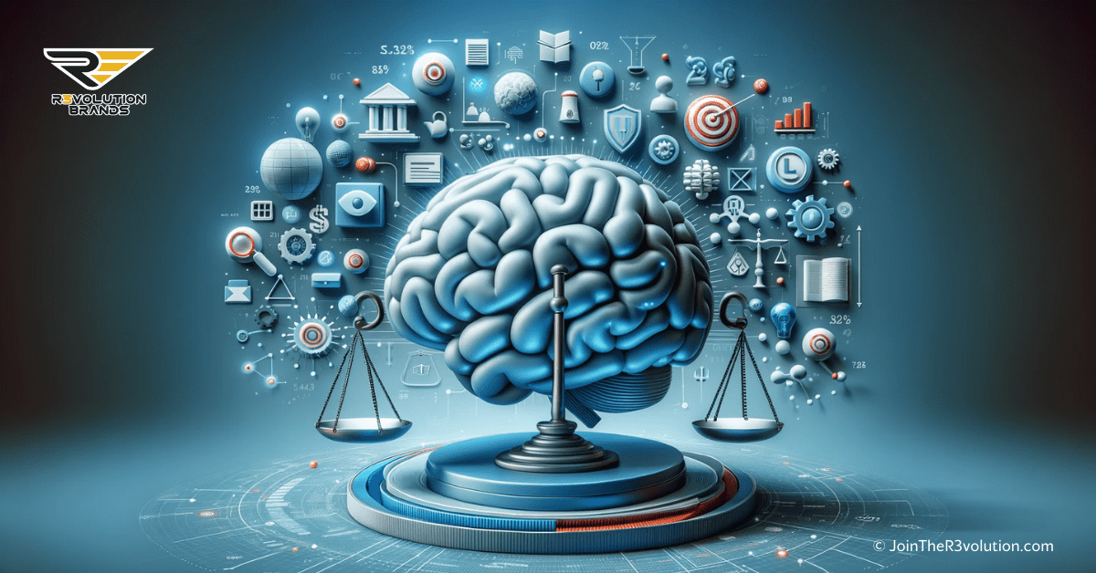 A 3D business-themed image depicting a stylized brain, legal scales, and symbols like patents and trademarks, representing the concept of intellectual property in entrepreneurship.