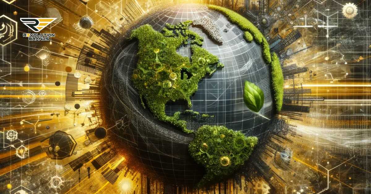 Abstract representation of the global economy in 2024, featuring digital and sustainable elements like leaves and a globe, in golden yellow and dark grey, symbolizing technology, environmental awareness, and international trade.