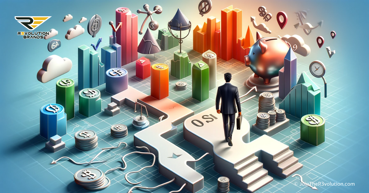 A 3D image depicting abstract financial symbols for stocks, bonds, real estate, and commodities, with silhouetted business figures exploring a metaphorical investment path.