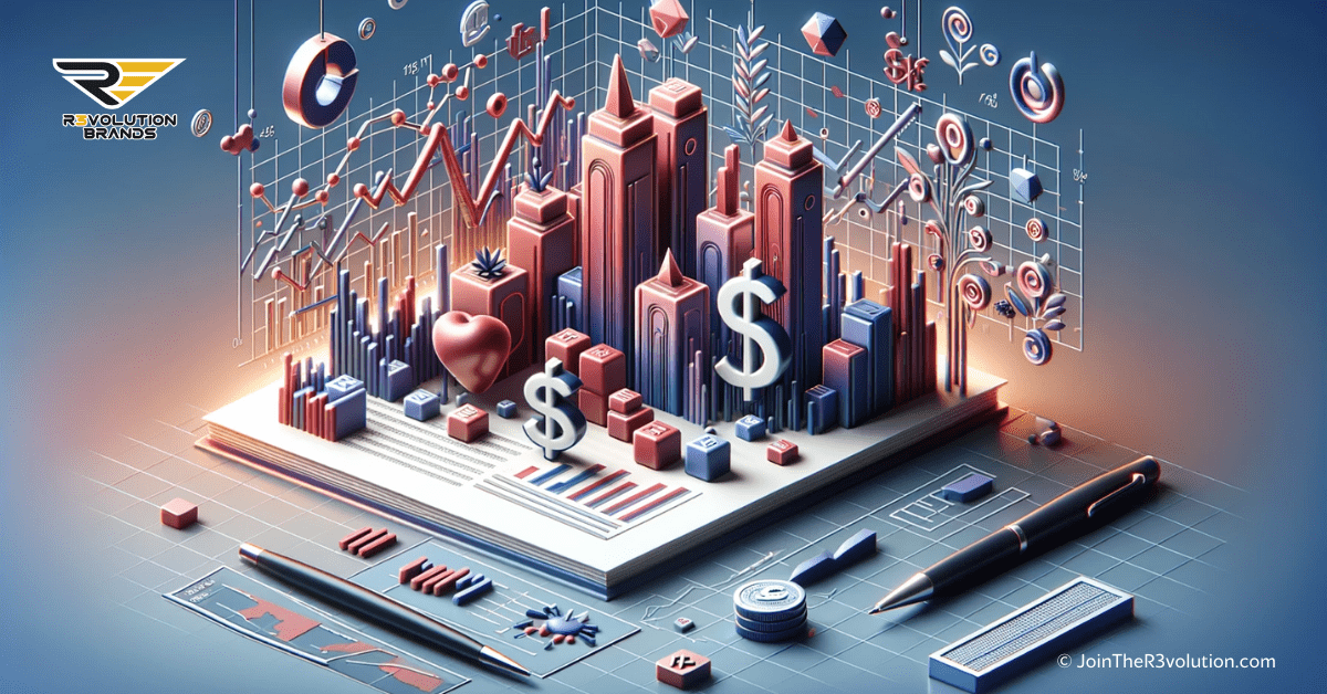 A 3D image depicting abstract financial charts and symbols representing stocks, shares, and units, in a professional financial color scheme.