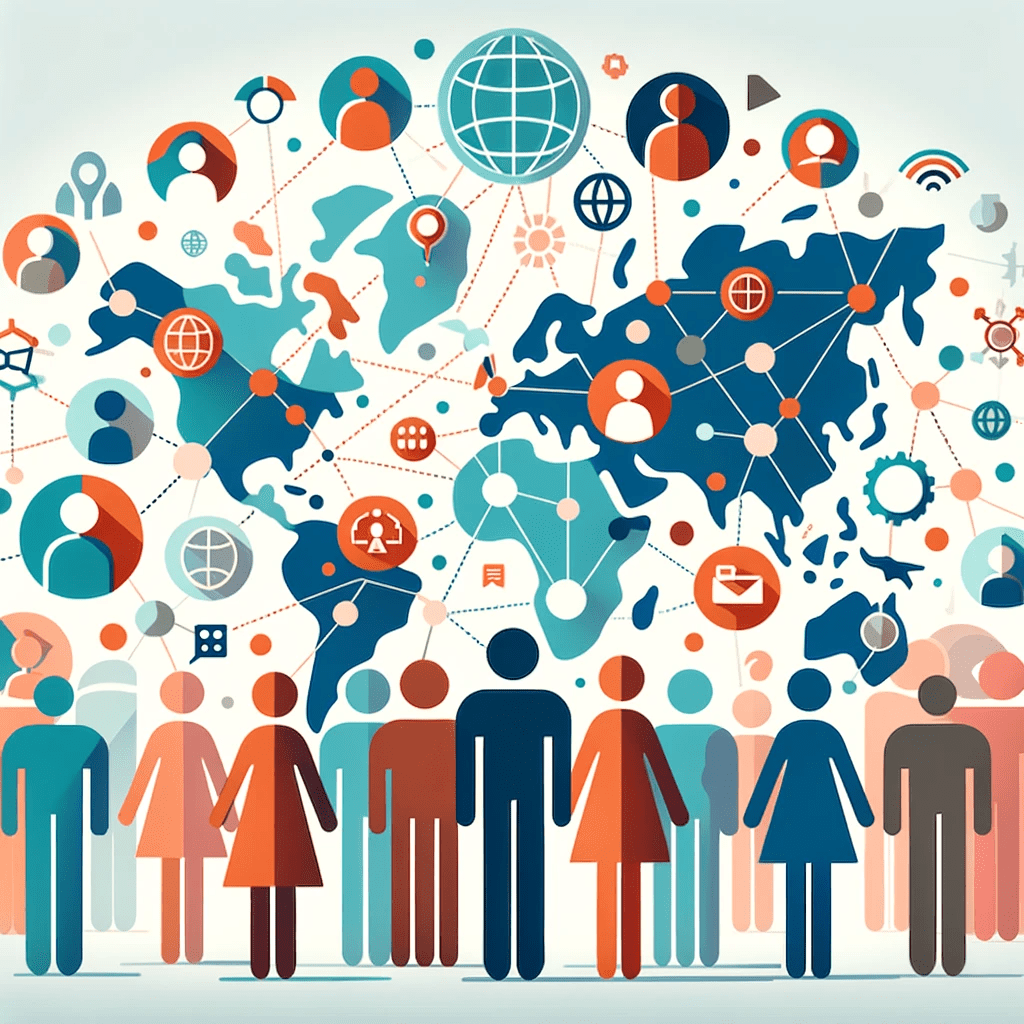 A flat icon depicting the use of diversity for global market growth, with interconnected global maps and diverse human silhouettes, emphasizing communication and expansion.