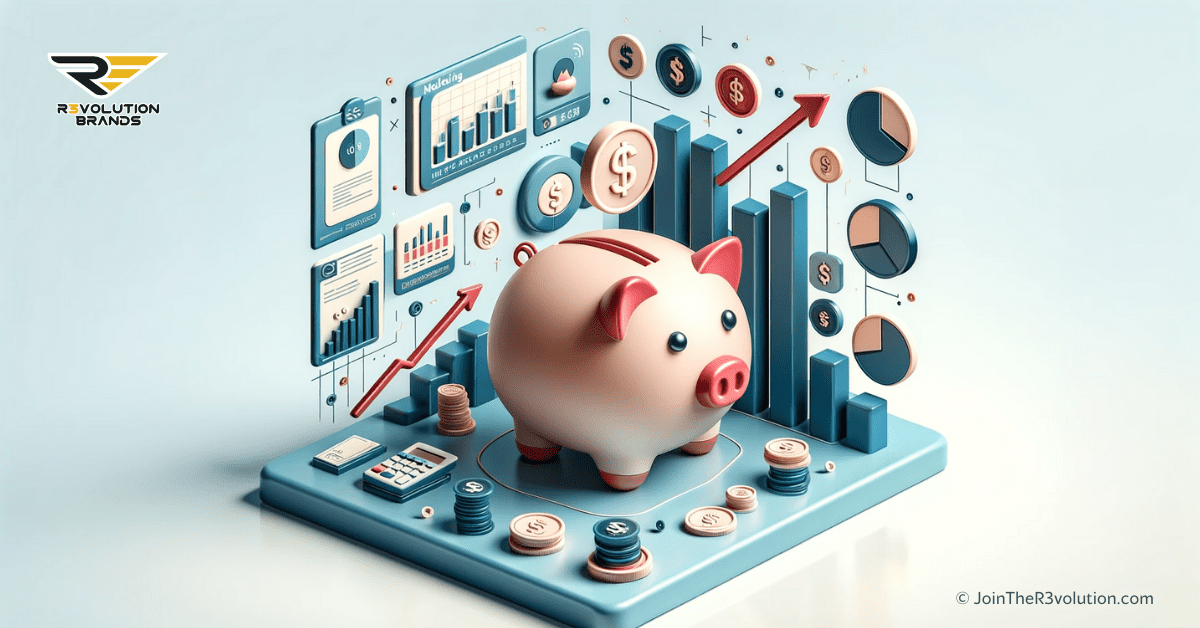 A 3D image depicting financial concepts with an abstract piggy bank, upward graph, and investment symbols, in a business-themed color palette.