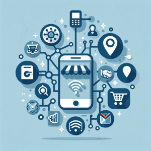 A flat icon representing mobile commerce in franchising, featuring smartphones, shopping carts, and connectivity symbols