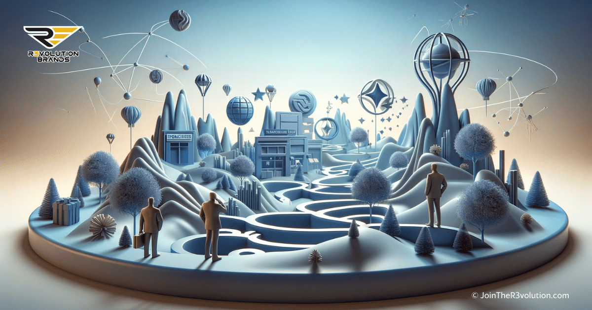 A 3D business-themed image depicting a stylized landscape with paths, abstract franchise representations, and silhouetted figures of investors in #EBB61A and #222222.