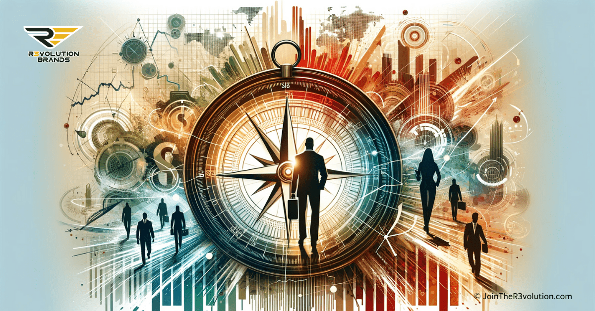 An abstract business-themed image depicting silhouetted figures strategizing over a dynamic market environment with fluctuating graphs and a compass.