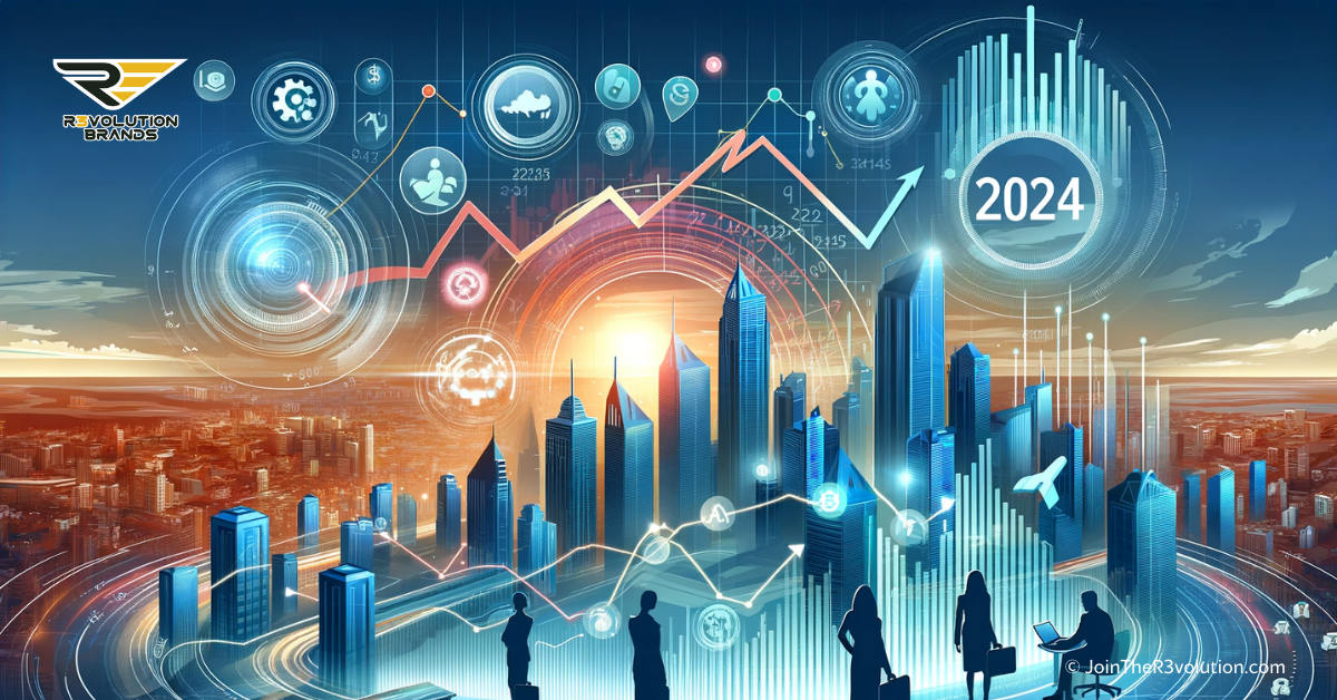 An abstract business-themed image visualizing the dynamic real estate market with fluctuating property graphs, real estate icons, and silhouettes of business figures strategizing over a cityscape