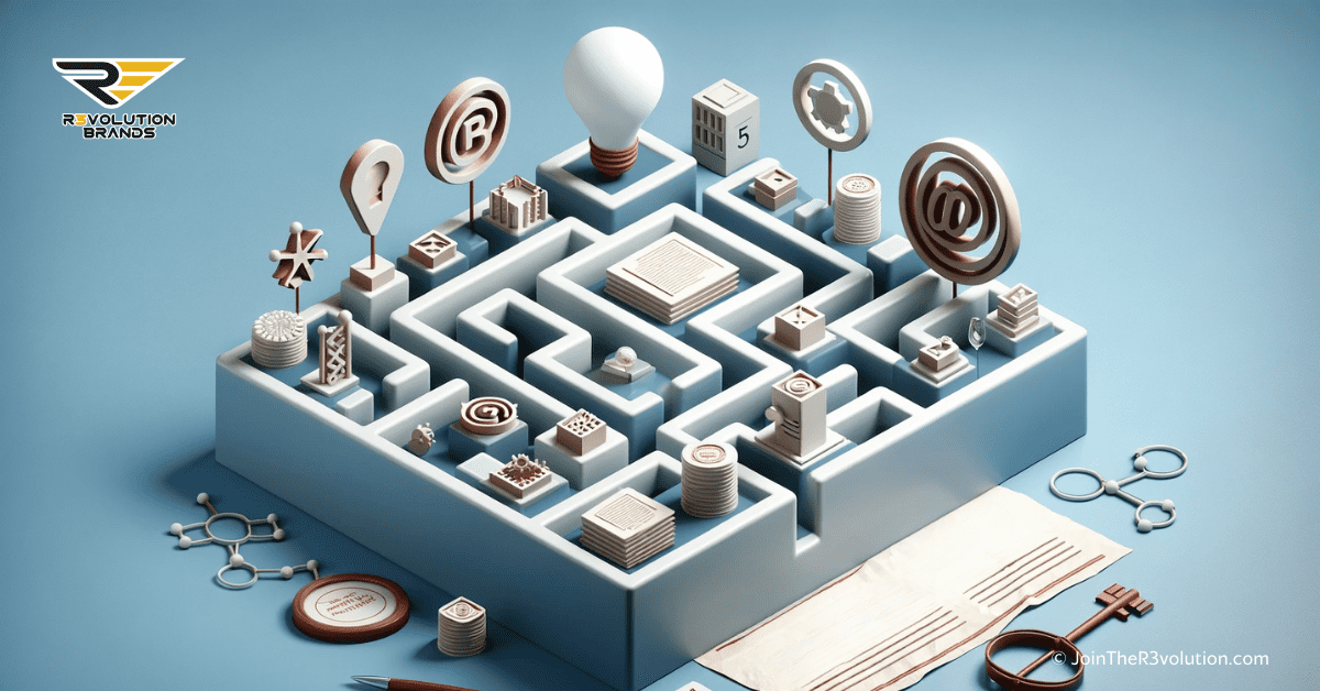 A 3D image depicting a maze with symbols of patents, copyrights, and trademarks, representing the navigation of intellectual property in a business context.